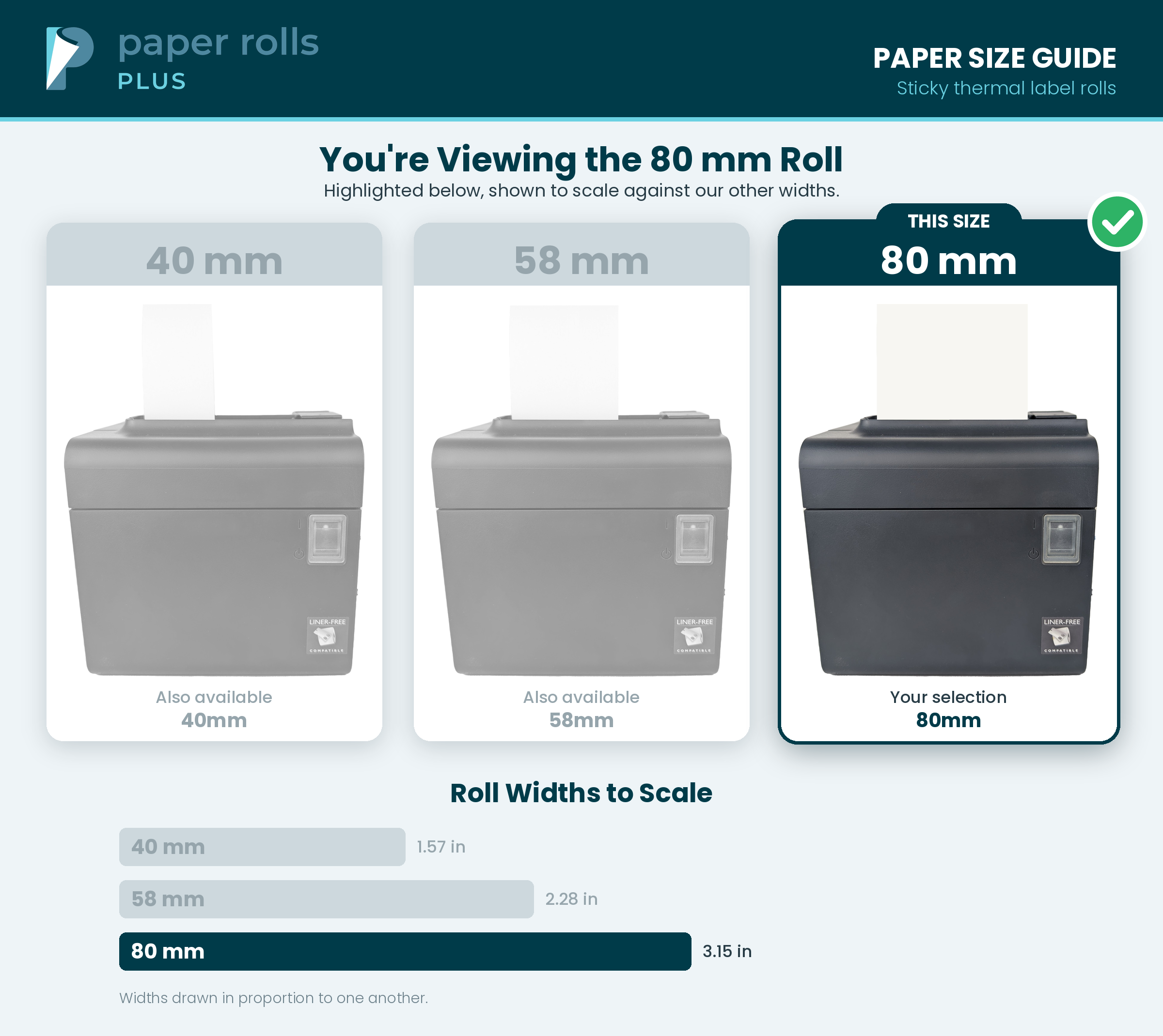 3 1/8 inch (80mm) linerless label width shown to scale on a thermal printer